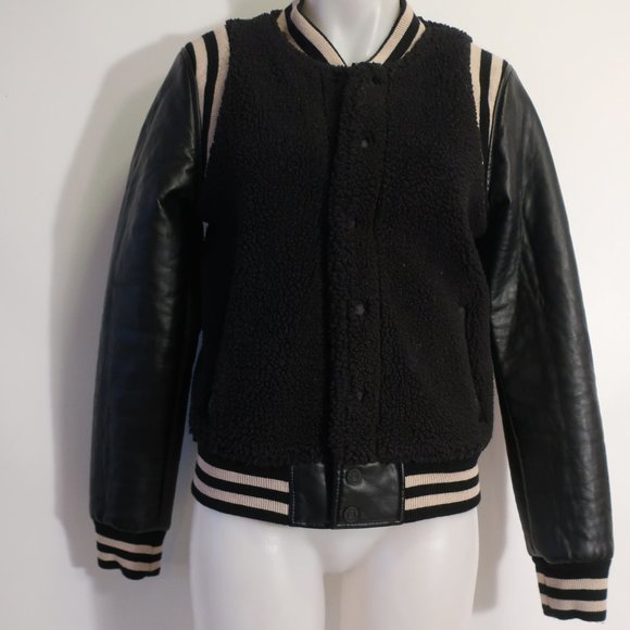 Womens Mother The Snap Letterman Black Mix Media Sherpa Faux Leather Jacket M * - Picture 3 of 16